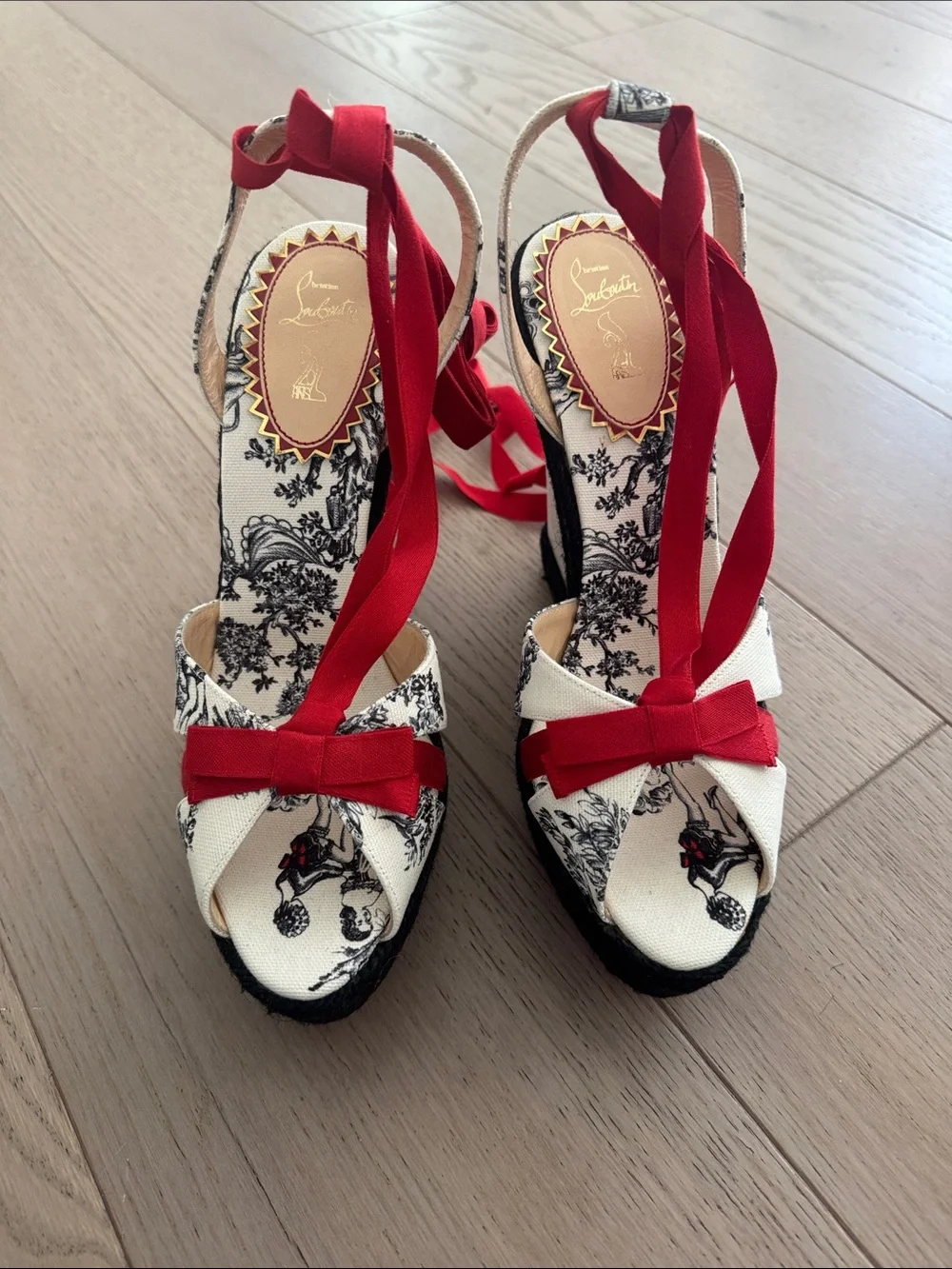 Christian Louboutin Black & White Toile Espadrille Wedges with Red Ribbon